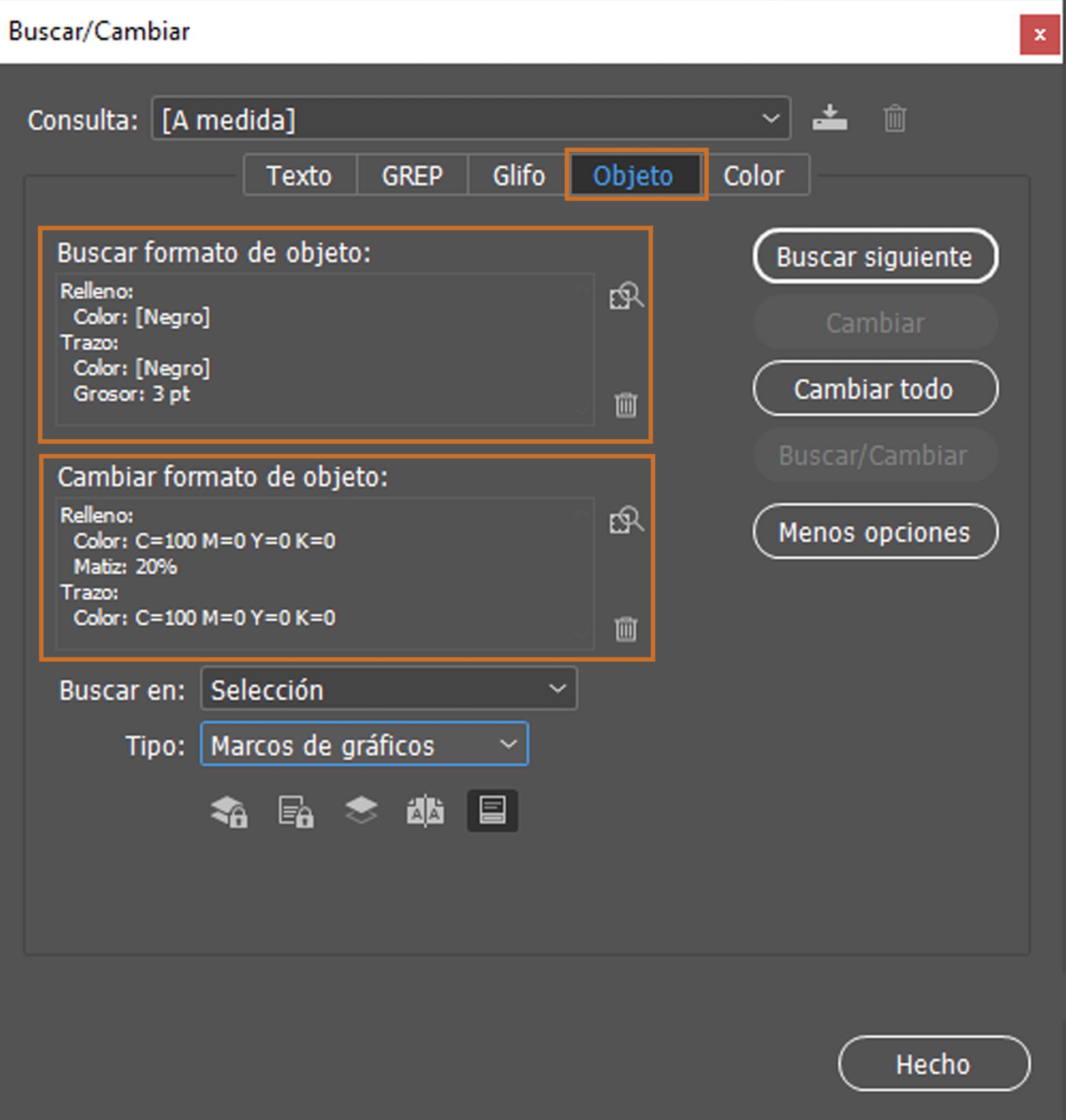 Panel Buscar/Cambiar con la pestaña Objeto seleccionada 