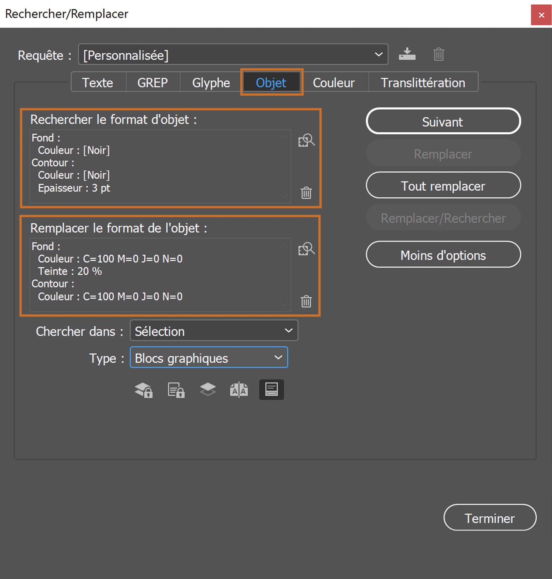 Onglet Objet sélectionné dans le panneau Rechercher/Remplacer 