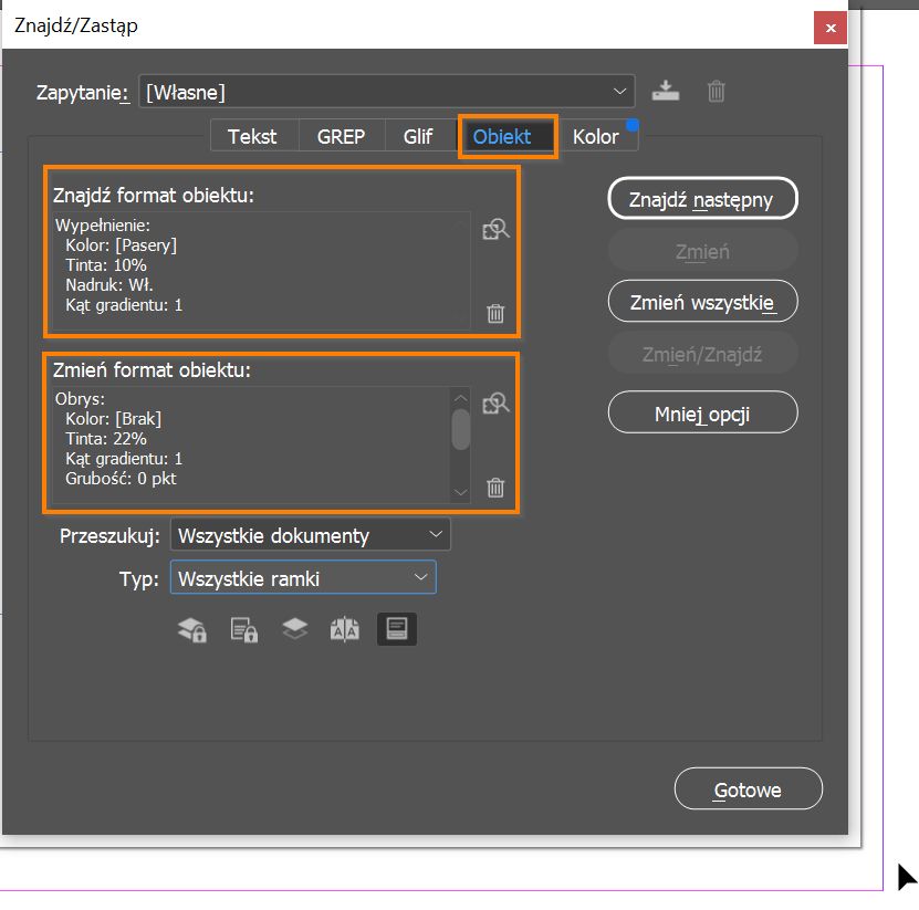 Panel Znajdź/zmień z wybraną kartą Obiekt 