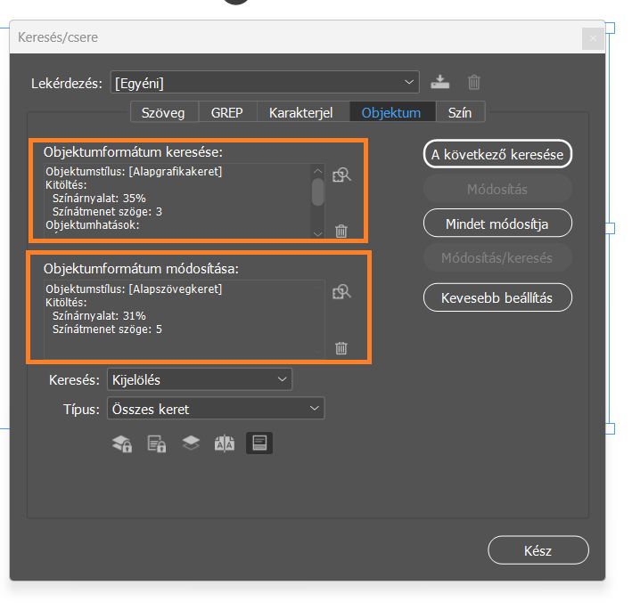 Keresés/csere panel kiválasztott Objektum lappal 