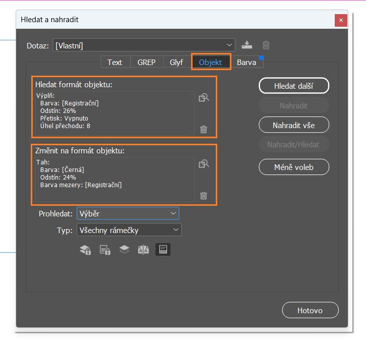Nesne sekmesi seçiliyken Bul/Değiştir paneli 