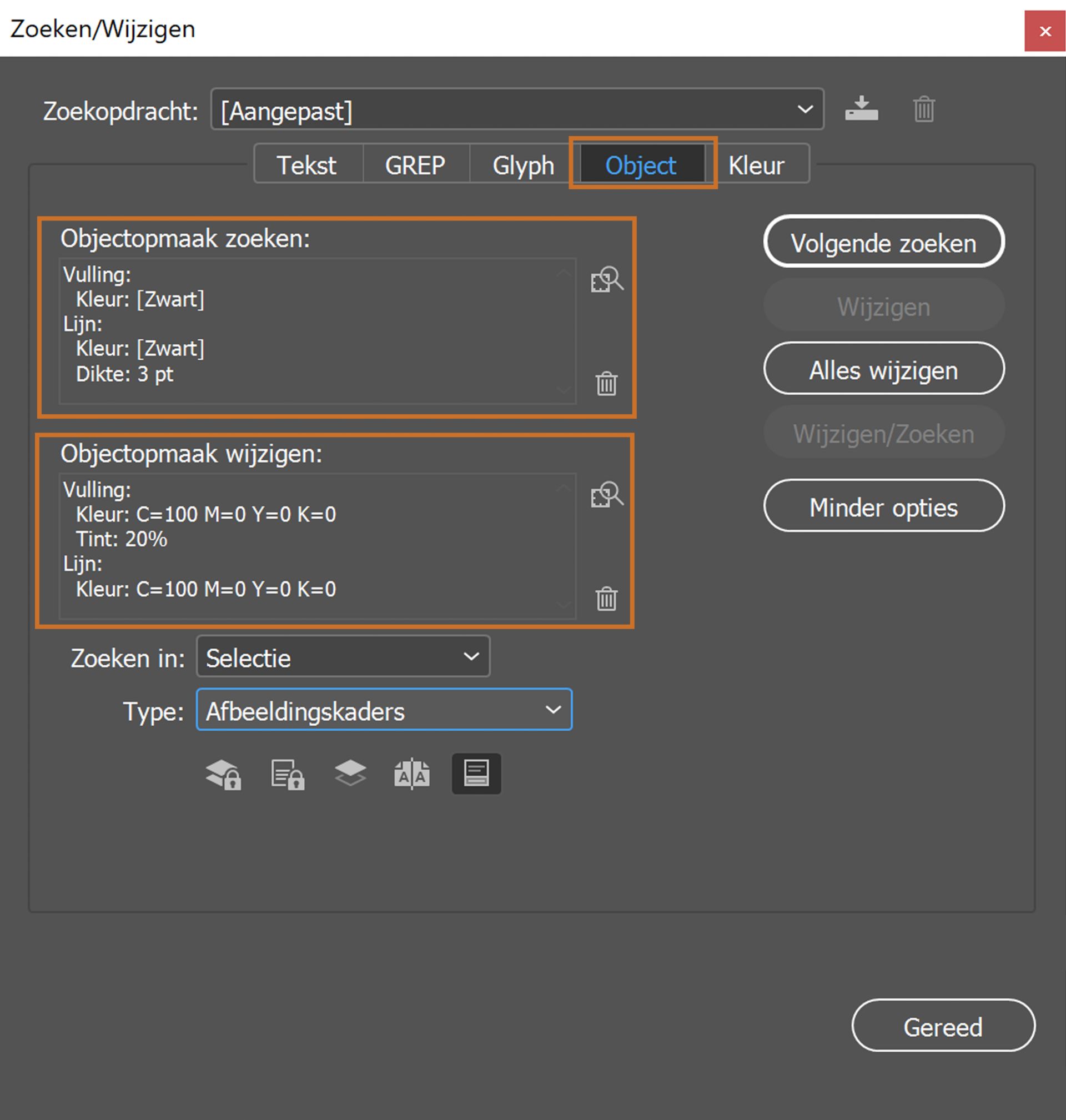 Deelvenster Zoeken/Wijzigen met tabblad Object geselecteerd 