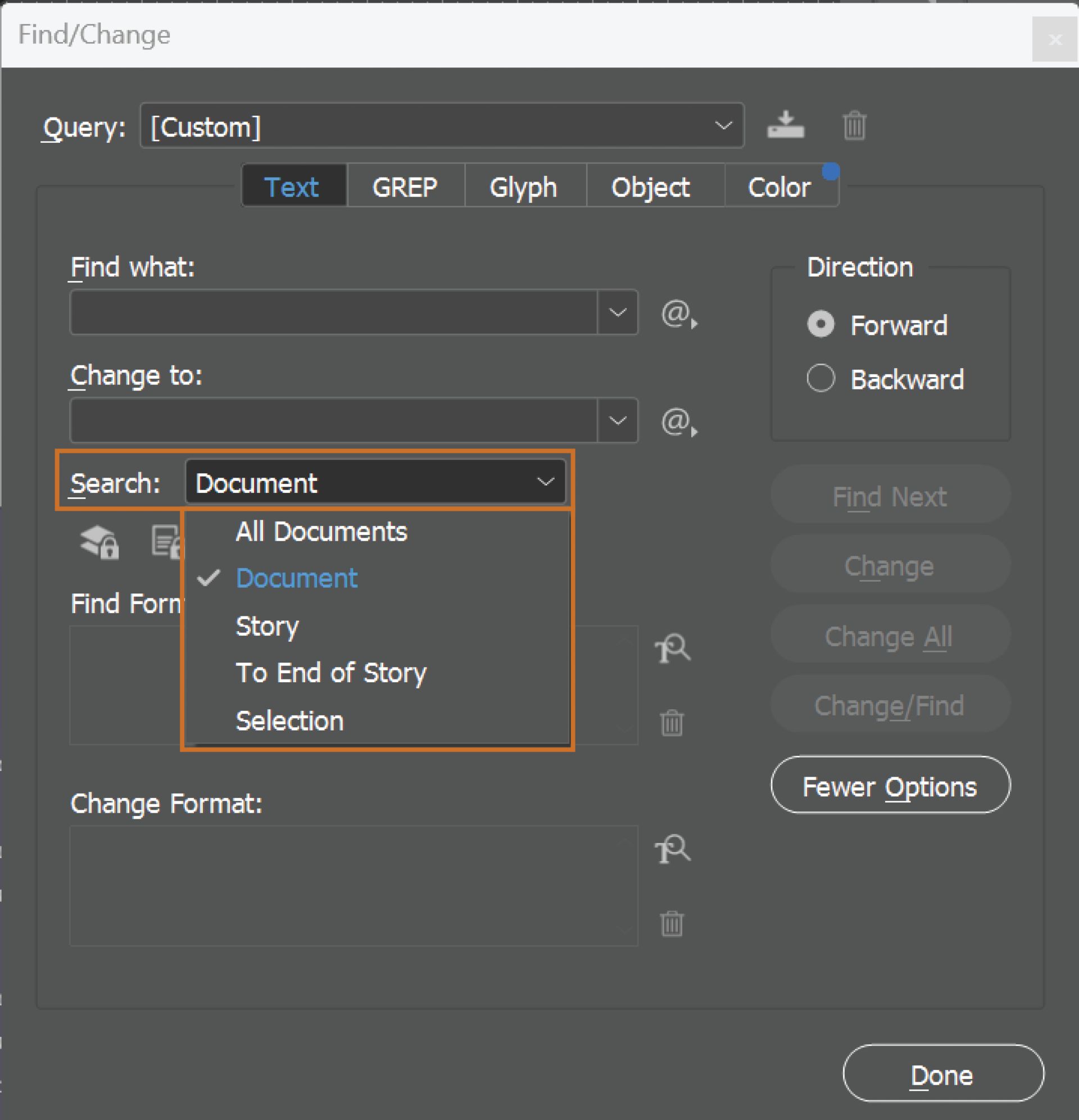 Options de recherche dans la boîte de dialogue Rechercher/Remplacer