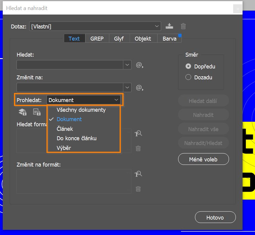 Možnosti hledání  v dialogovém okně Najít a nahradit