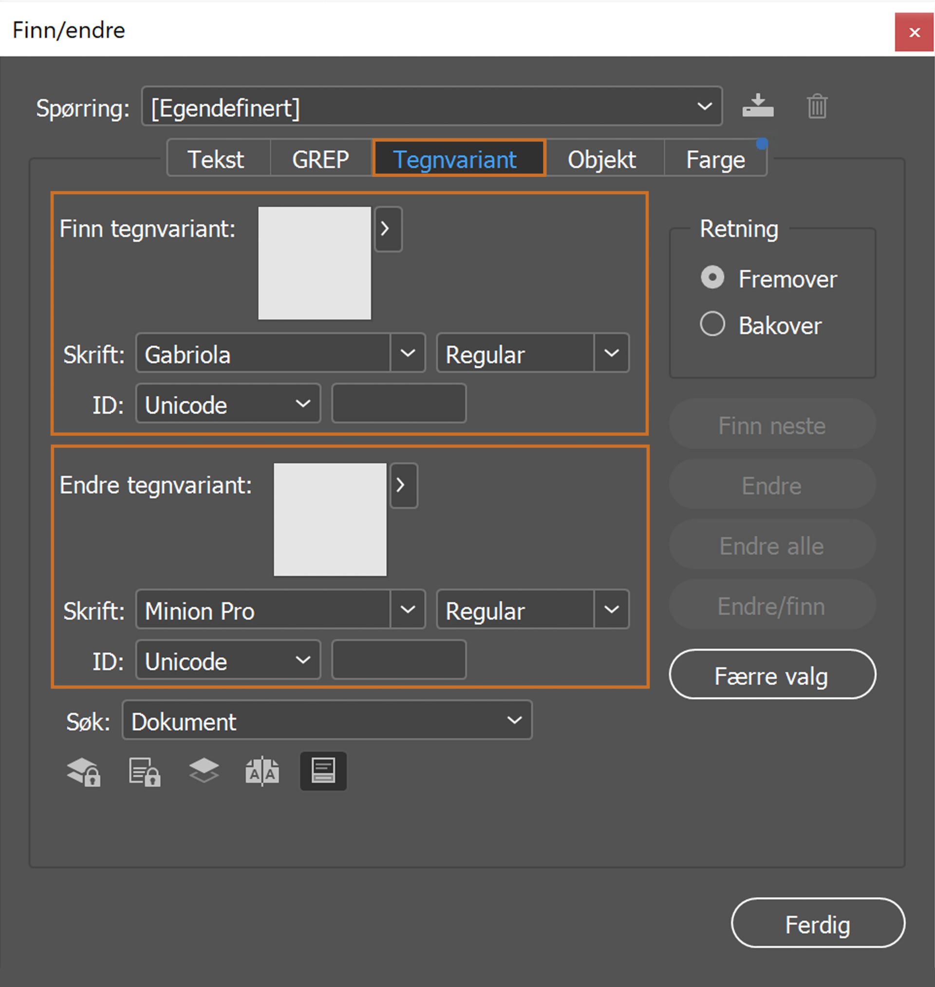 Søke etter og erstatte tegnvarianter
