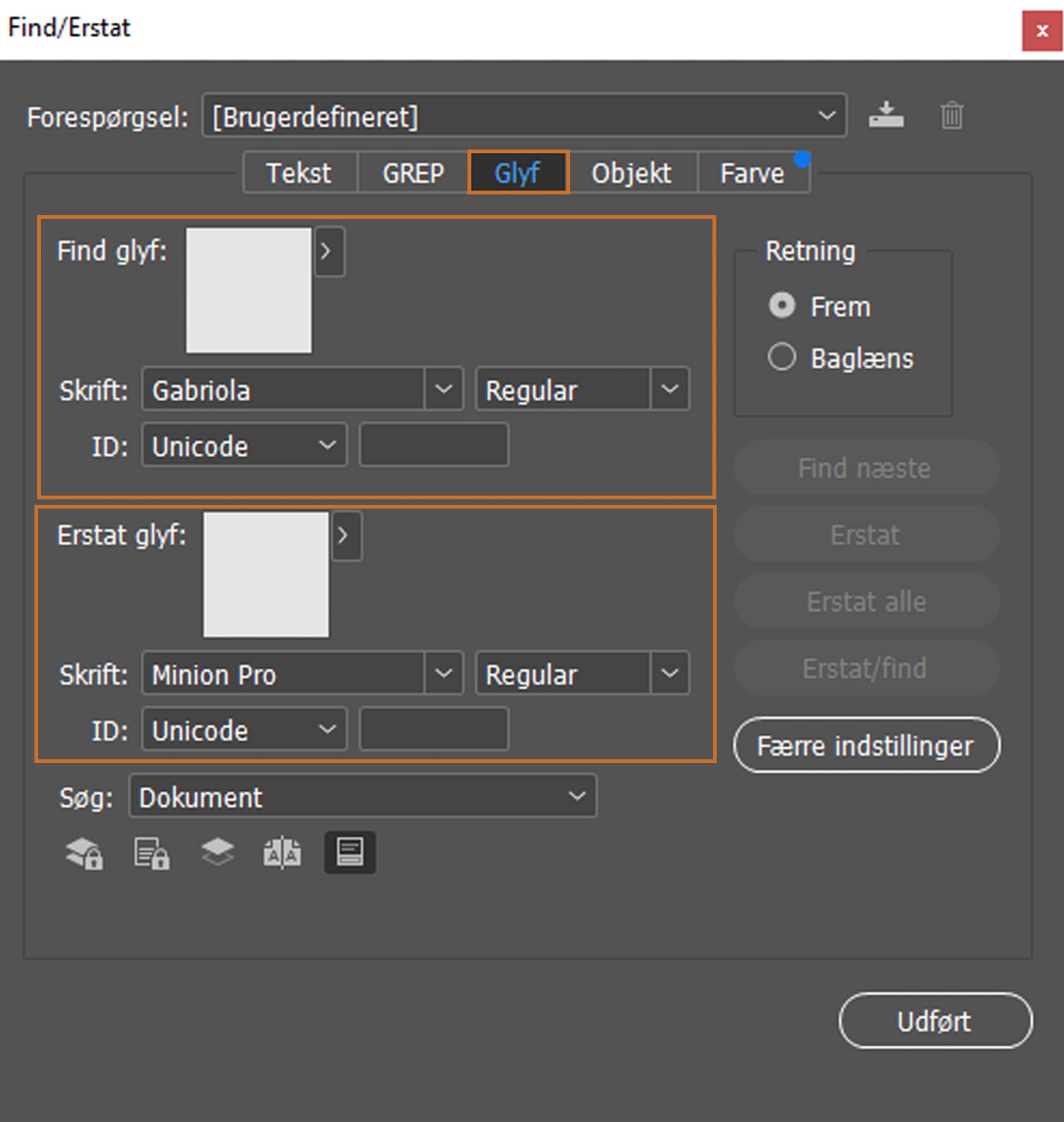 Søg efter og erstat glyffer