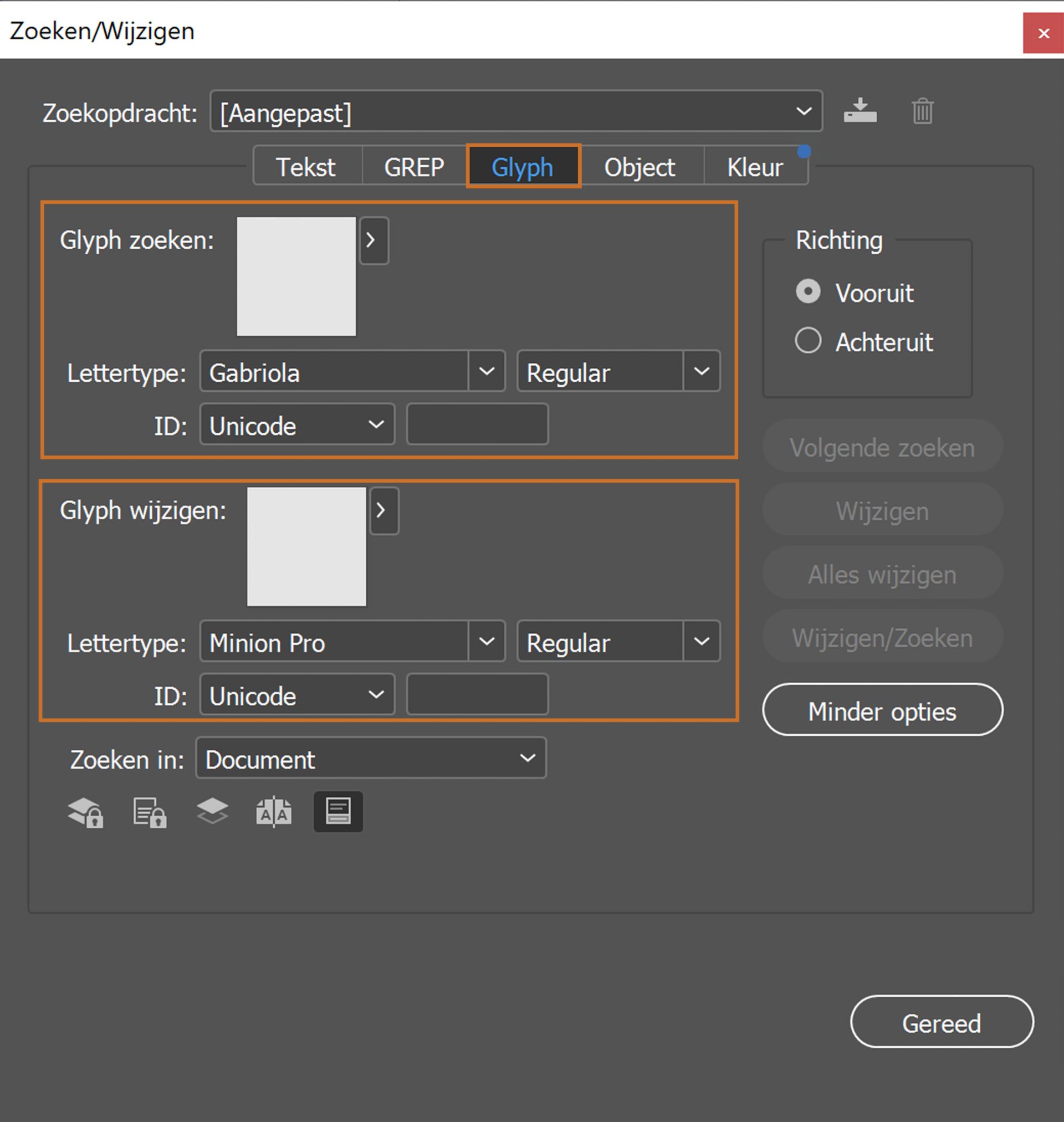 Glyphs zoeken en vervangen
