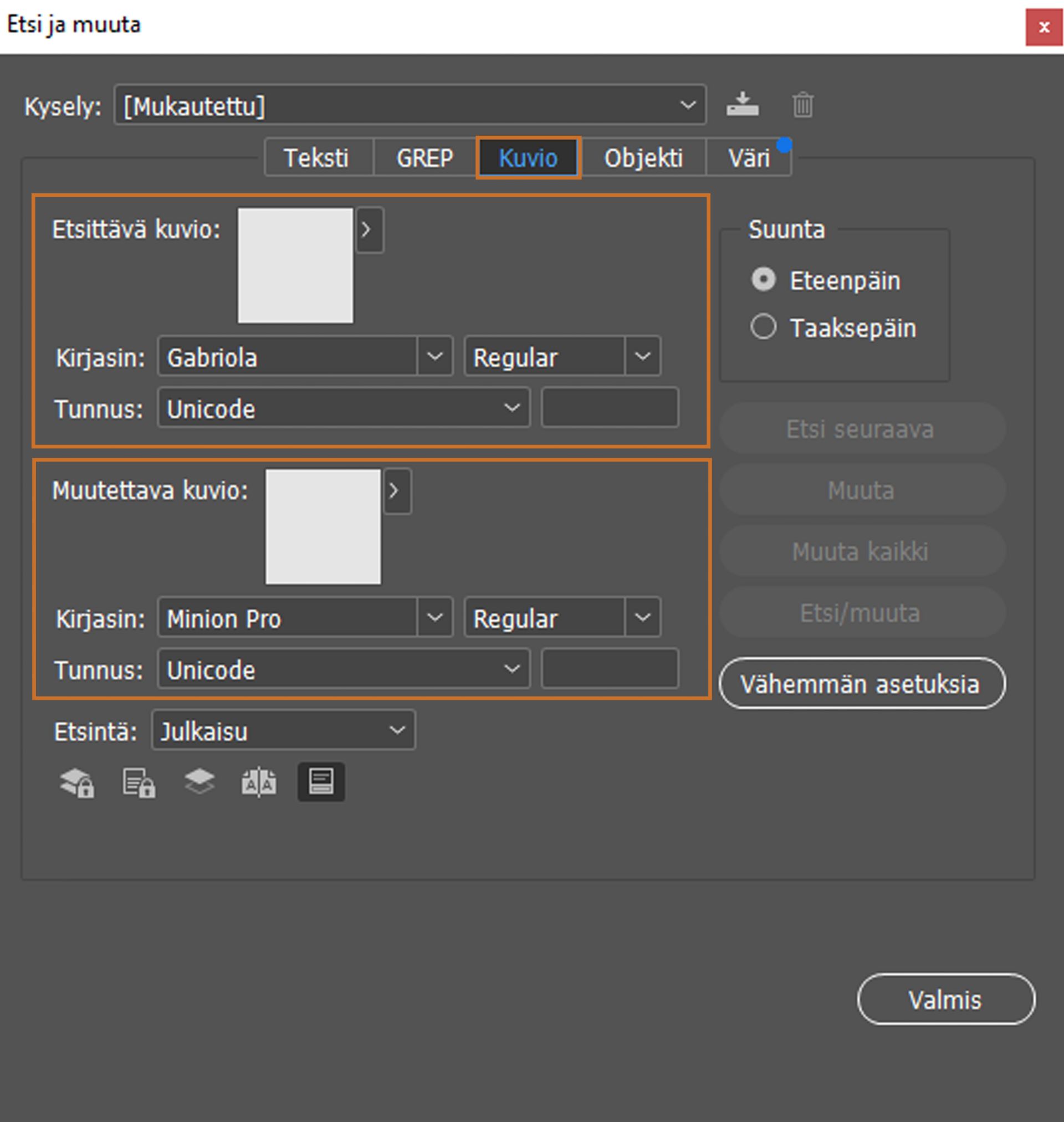 Kuvioiden etsiminen ja korvaaminen
