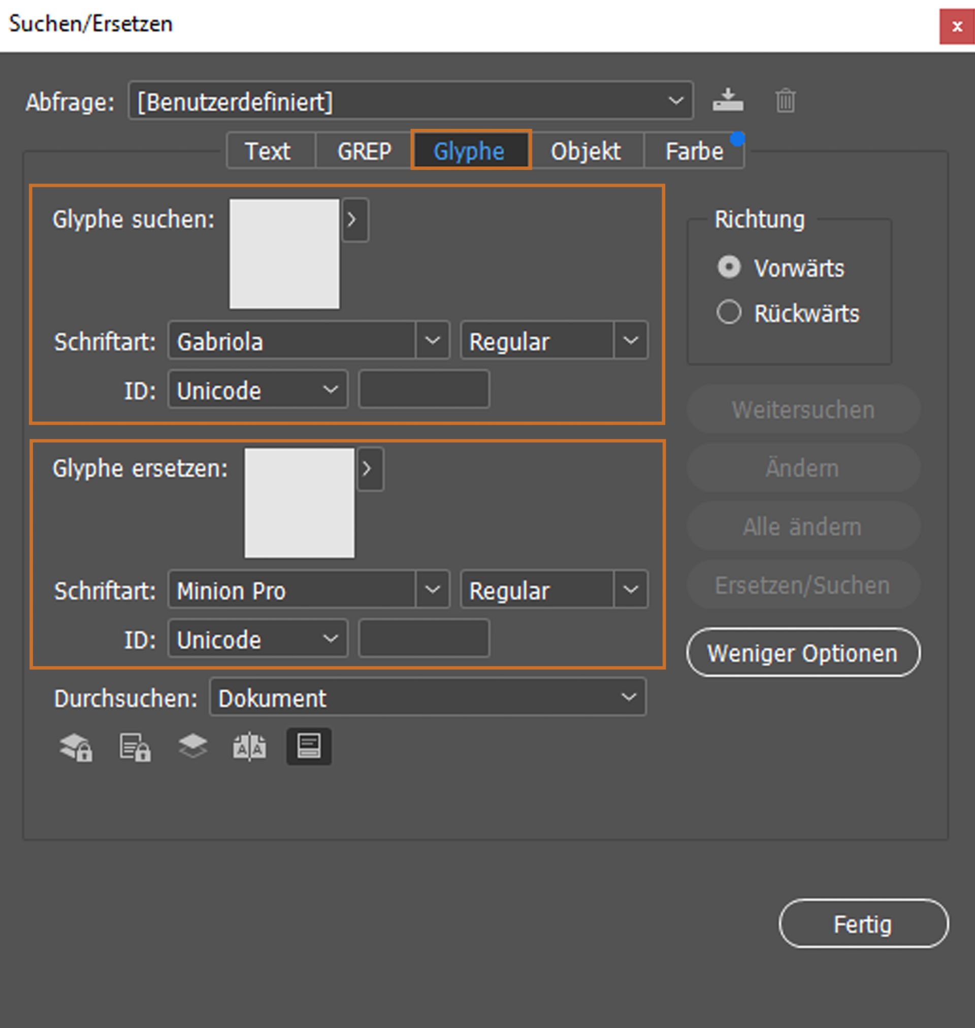 Suchen und Ersetzen von Glyphen
