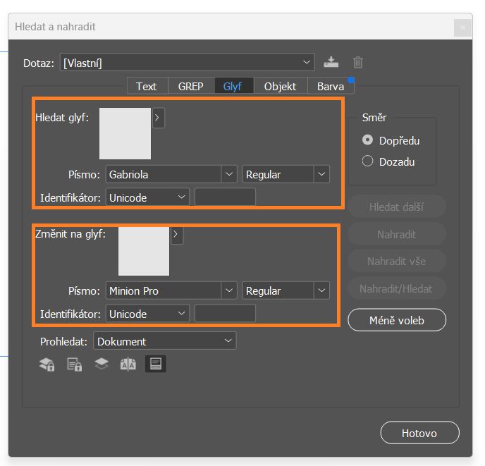 Hledání a nahrazování glyfů
