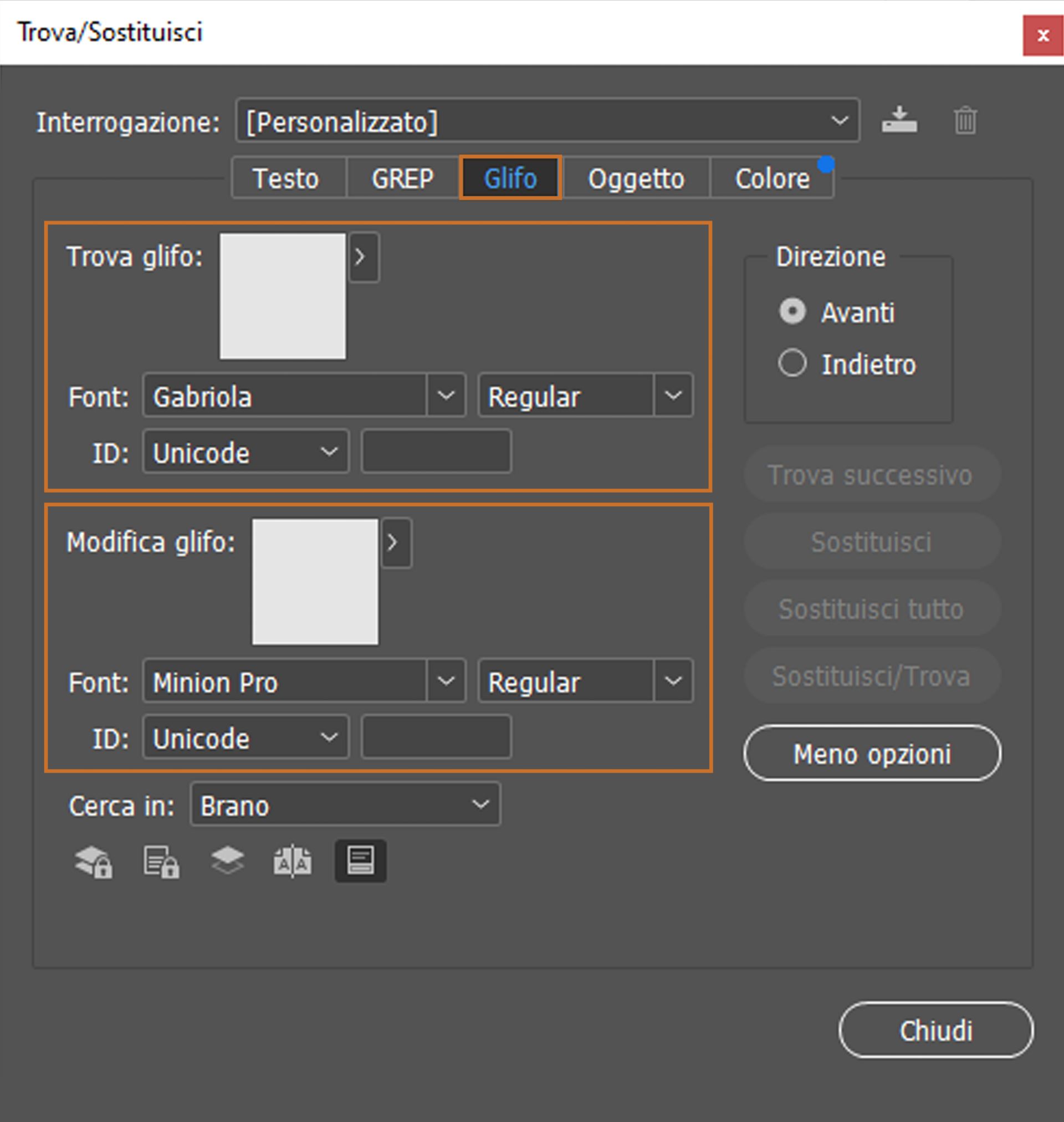 Trovare e sostituire glifi