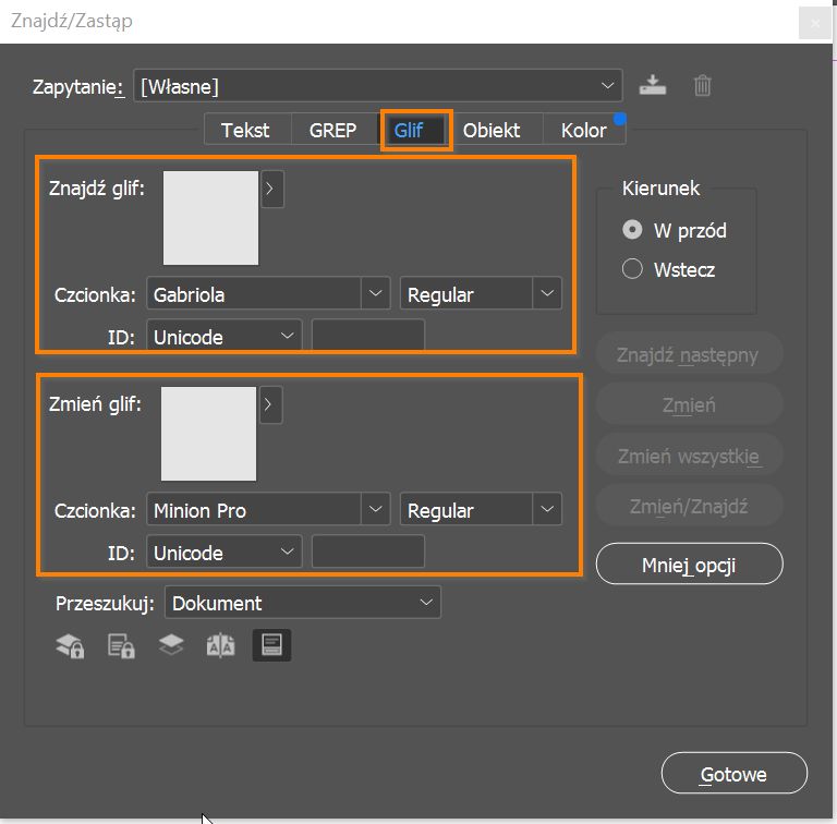 Wyszukiwanie i zastępowanie glifów