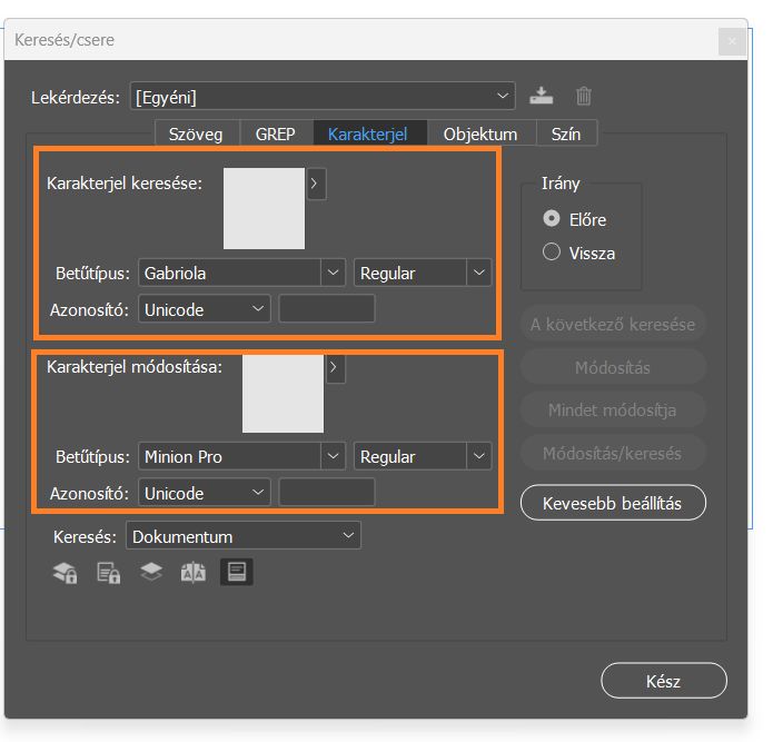 Karakterjelek keresése és cseréje