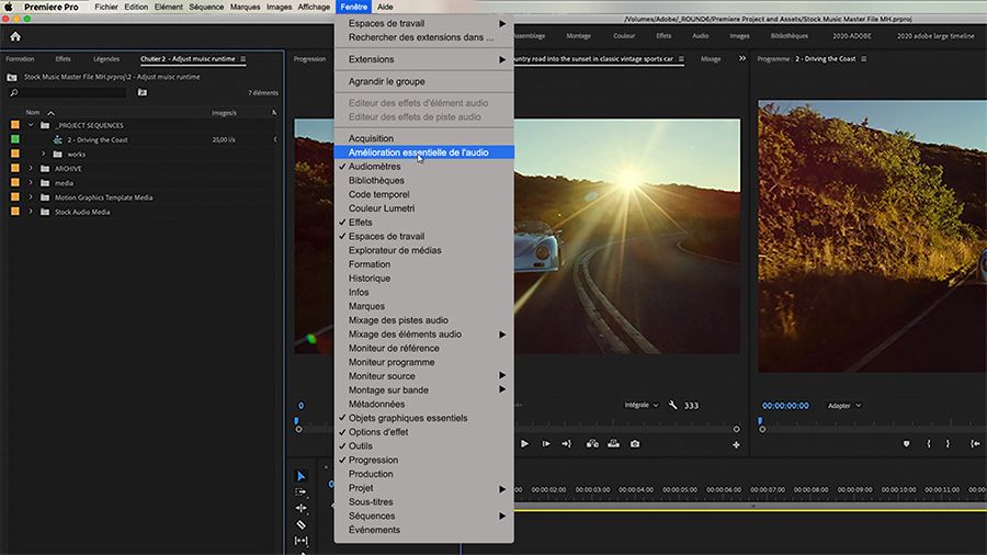 L’option Fenêtre > Audio essentiel est mise en surbrillance, et le moniteur du programme affiche une image représentant un cabriolet vintage sur une route avec le soleil en fond.