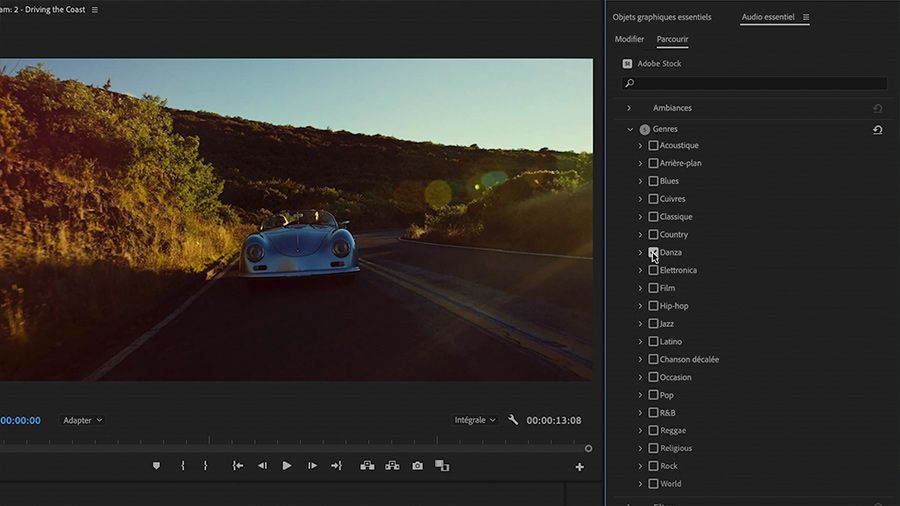 Dans le panneau Audio essentiel, le genre Danza est sélectionné. L’image d’un cabriolet sur une route apparaît dans le moniteur du programme.