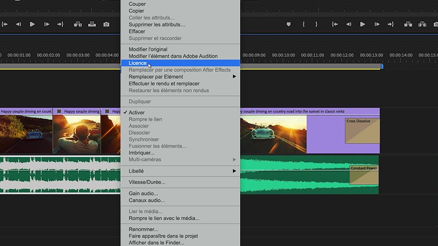 Dans le panneau Montage, une ressource audio Adobe Stock est sélectionnée et l’option Licence du menu contextuel est mise en surbrillance.