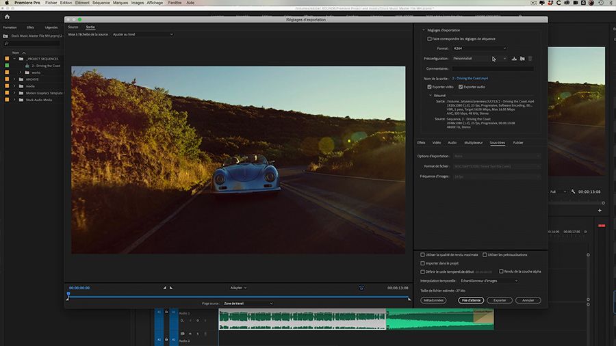 Dans Premiere Pro pour ordinateur, la fenêtre Exporter le média est au premier plan et affiche les paramètres d’exportation ainsi qu’une image fixe d’un cabriolet vintage roulant au coucher du soleil.