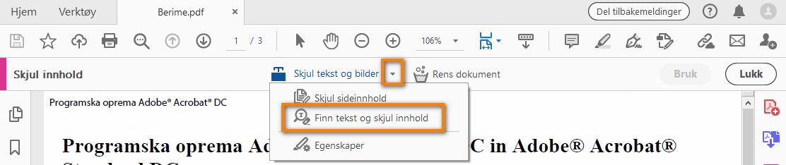 Finn tekst og skjul innhold