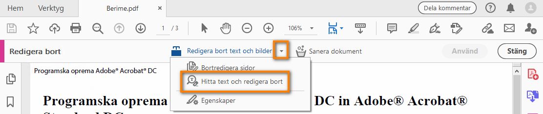 Sök efter text och redigera bort