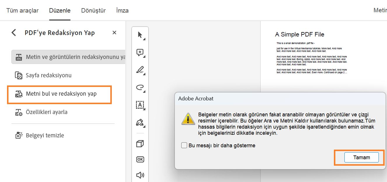 Metni bul ve redaksiyon yap