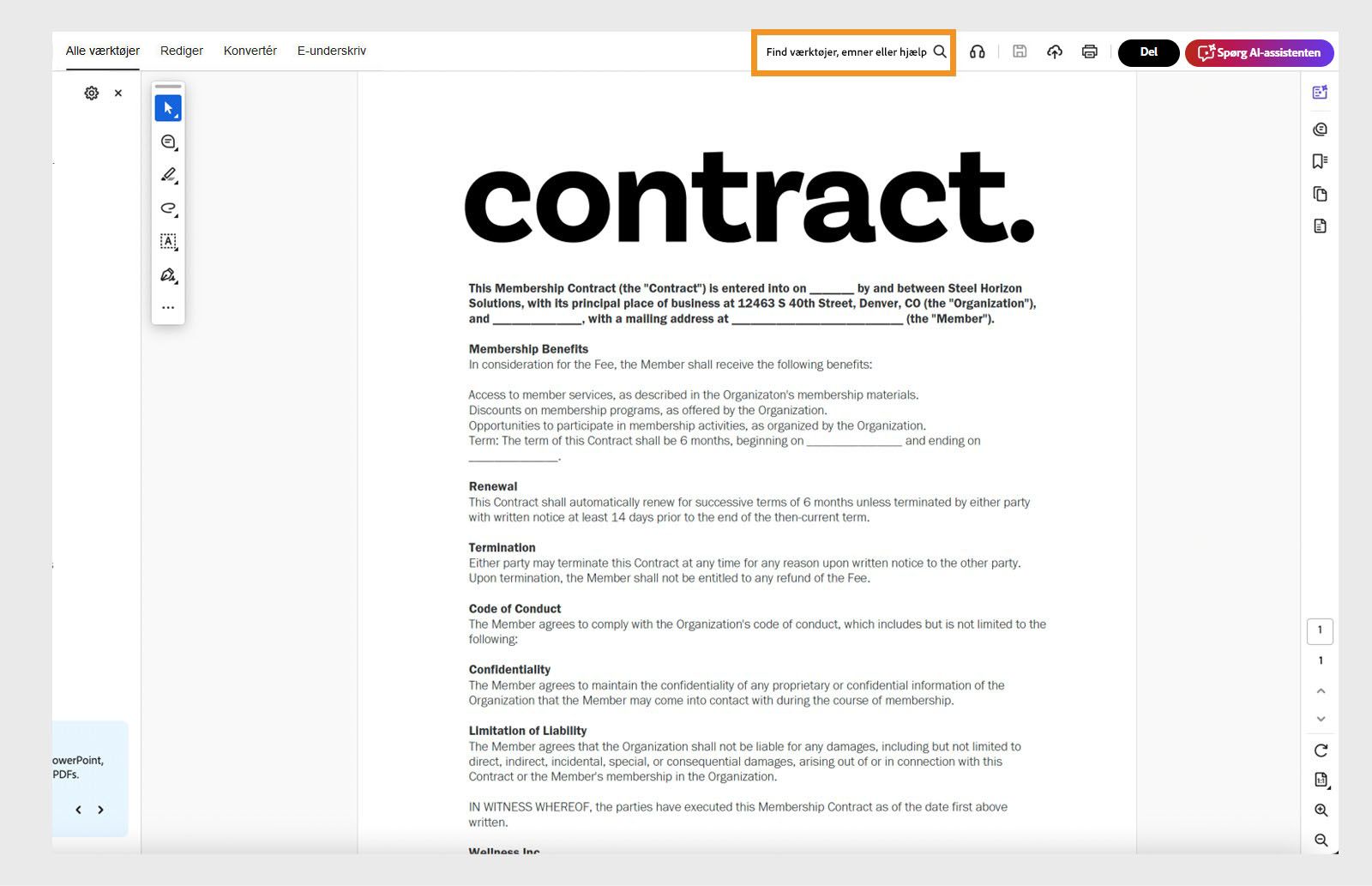 Acrobat-søgelinje, der viser prompten &quot;Find værktøjer, emner eller hjælp.&quot;