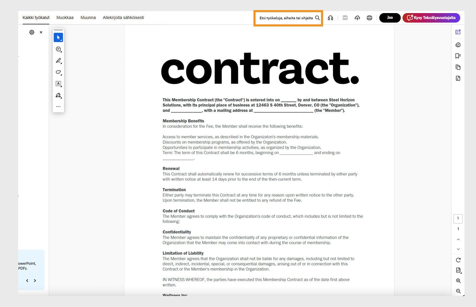 Acrobatin hakupalkki, jossa näkyy kehote &quot;Etsi työkaluja, aiheita tai ohjeita.&quot;