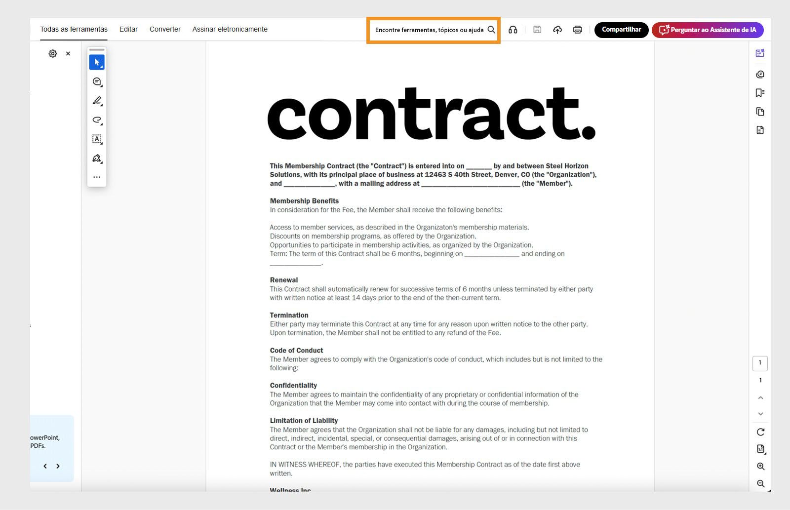 Barra de pesquisa do Acrobat exibindo o prompt “Encontrar ferramentas, tópicos ou ajuda”.