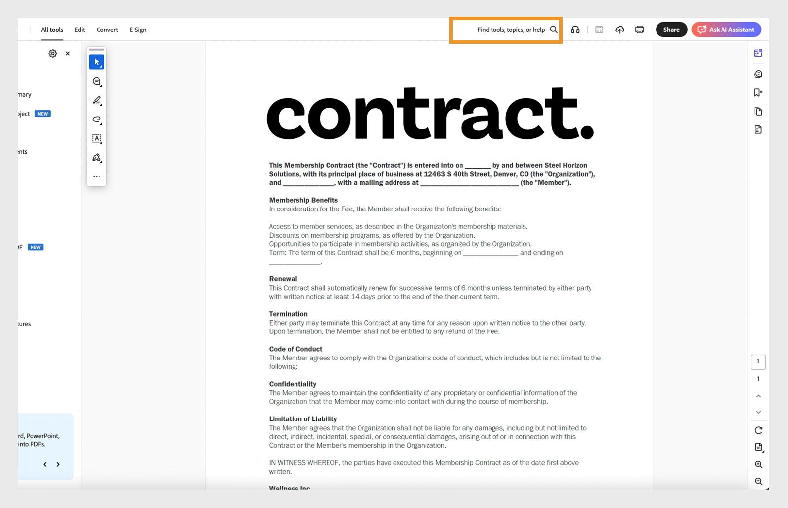 Acrobat Search-zoekbalk met de opdracht 'Tools, onderwerpen of hulp zoeken'.