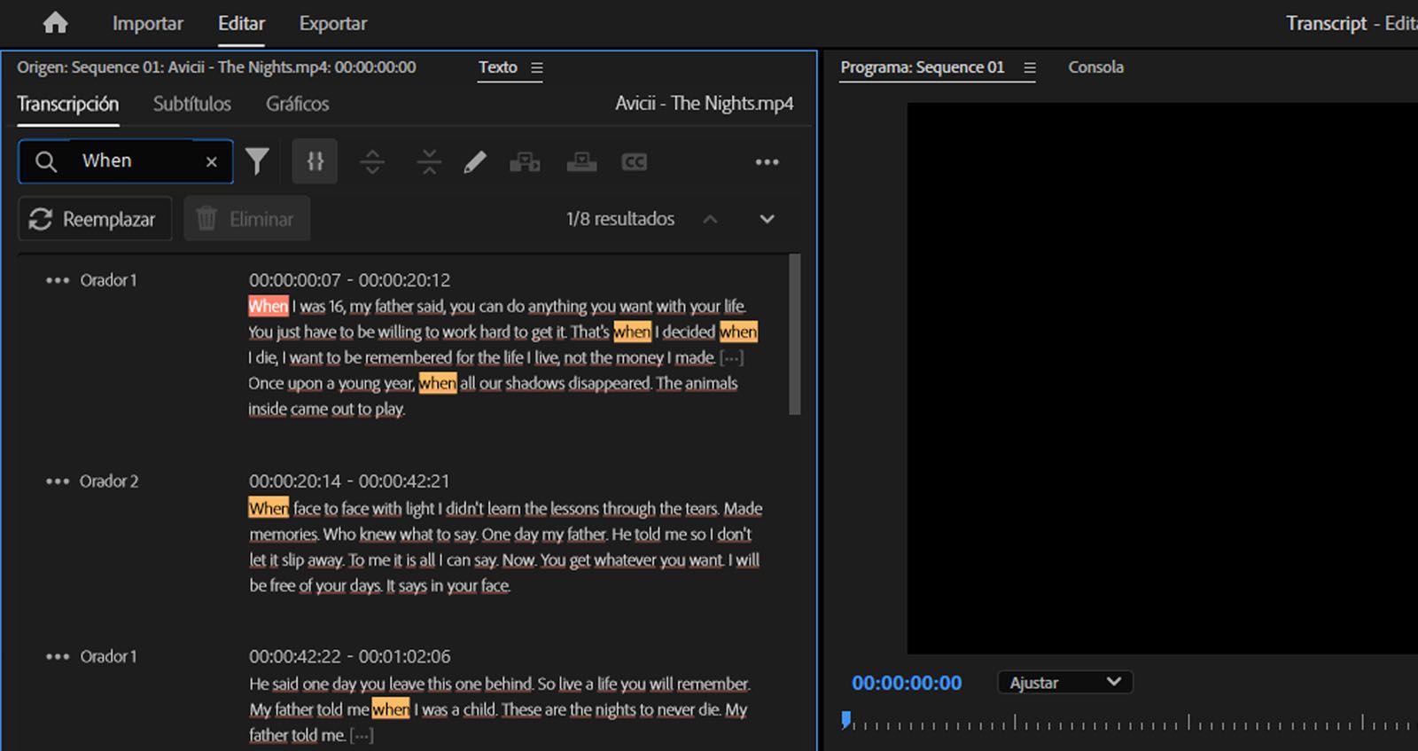 Se muestra la sección de transcripción y resalta la palabra que se ha buscado con una opción para mencionar la palabra que se va a reemplazar. 