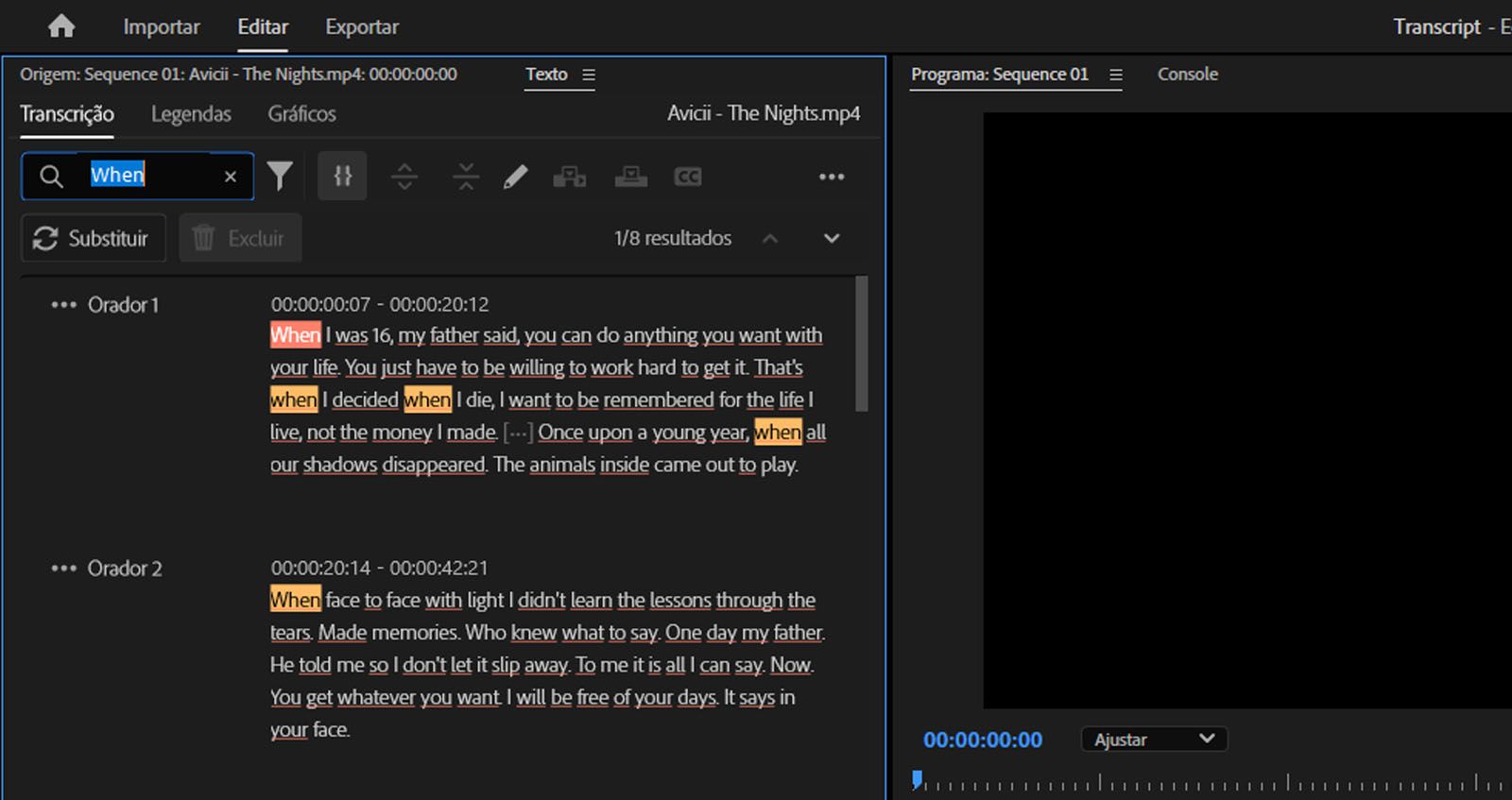 A seção de transcrição é exibida destacando a palavra que foi pesquisada, com a opção de mencionar a palavra a ser substituída. 