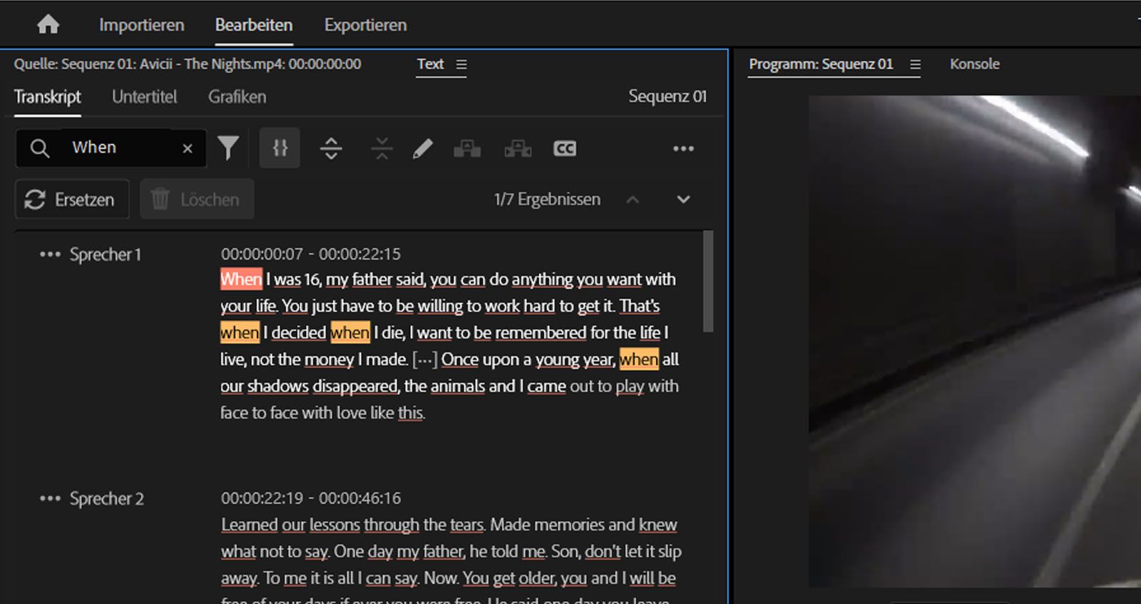 Der Abschnitt „Transkript“ wird angezeigt und hebt das gesuchte Wort mit einer Option zum Erwähnen des zu ersetzenden Worts hervor. 