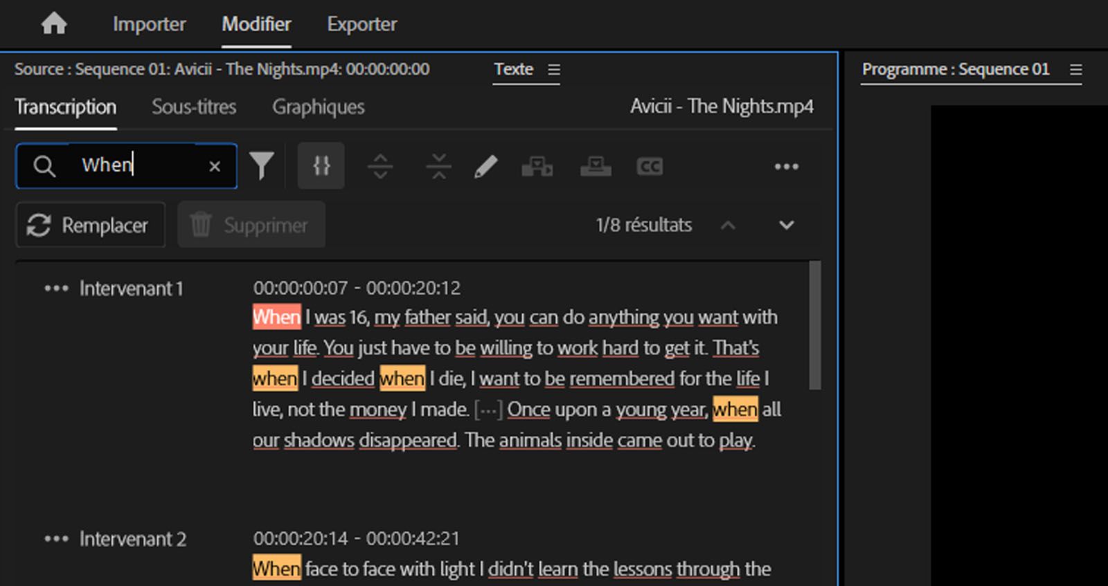 La section de transcription s’affiche et met en surbrillance le mot recherché avec une option pour mentionner le mot à remplacer. 