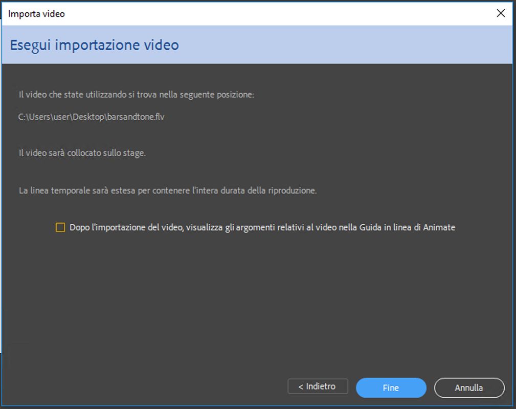 Finestra di dialogo Esegui importazione video
