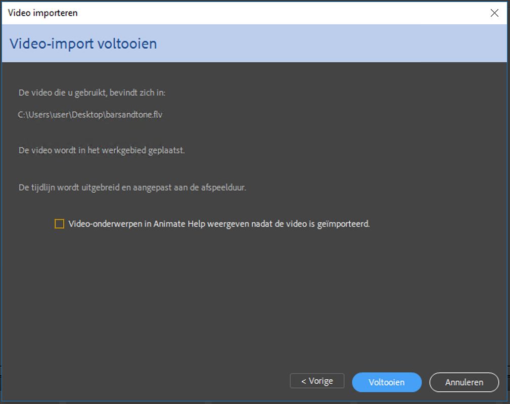 Dialoogvenster Video importeren voltooien