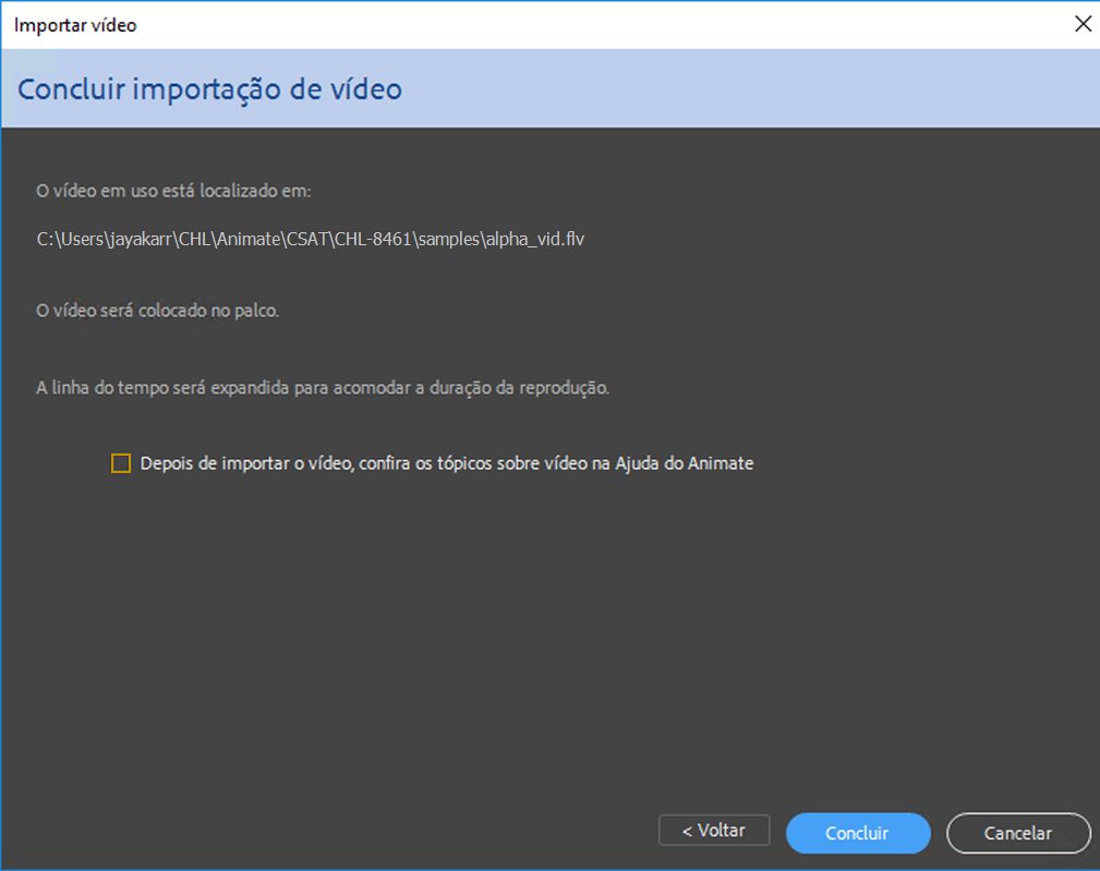 Caixa de diálogo Concluir importação de vídeo