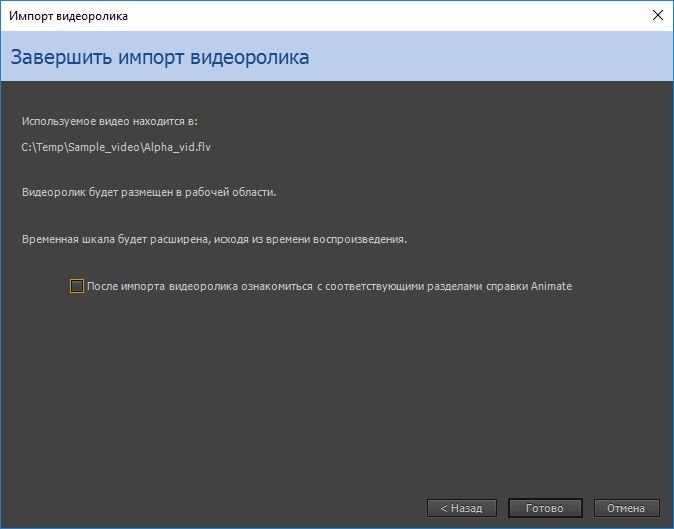 Диалоговое окно «Завершить импорт видеоролика»