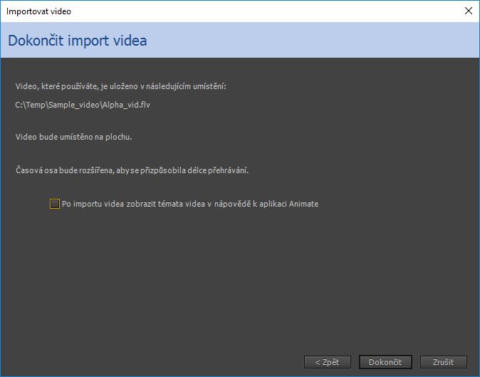 Dialogové okno Dokončit import videa