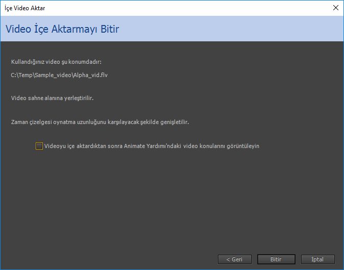 Video içe aktarmayı bitir iletişim kutusu