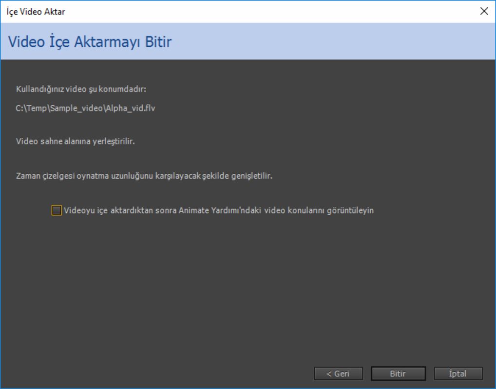 Video içe aktarmayı bitir iletişim kutusu