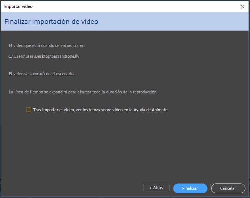 Cuadro de diálogo de finalización de la importación de vídeo