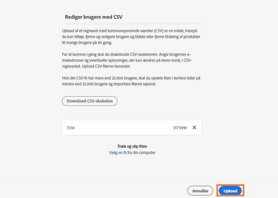 Færdiggør uploaden af den nye CSV-fil