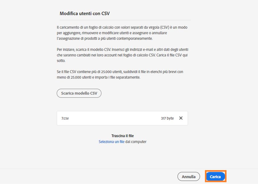 Completa il caricamento del nuovo file CSV