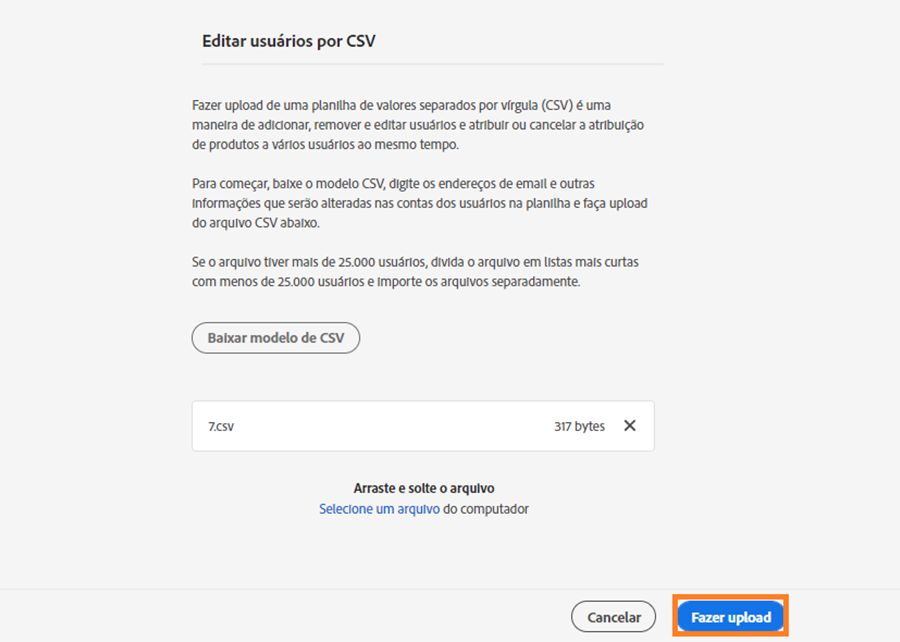 Conclua o upload do novo arquivo CSV