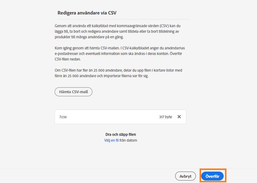 Slutför överföringen av den nya CSV-filen