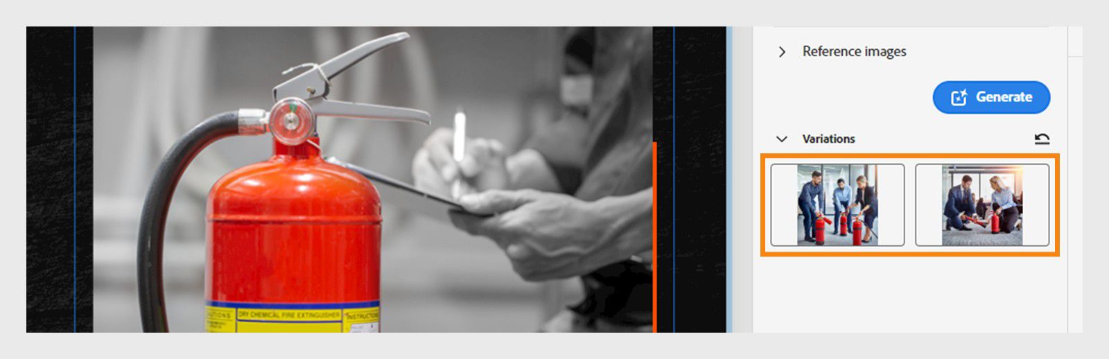  Two generated image variations showing fire extinguisher examples - a simple office extinguisher and a workplace fire drill scene