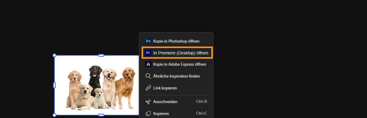 Das Kontextmenü für die ausgewählte Datei in Firefly Boards ist geöffnet, wobei die Option „In Premiere Desktop öffnen“ markiert ist.