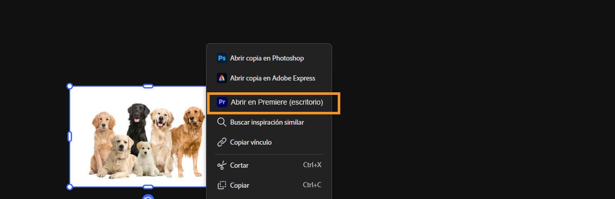 El menú contextual del archivo seleccionado en Tableros de Firefly está abierto con la opción Abrir en premiere escritorio resaltada.