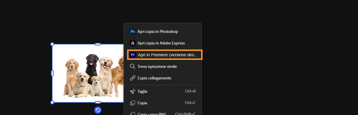 Il menu contestuale per il file selezionato nelle Lavagne Firefly è aperto con l'opzione Apri in premiere desktop evidenziata.