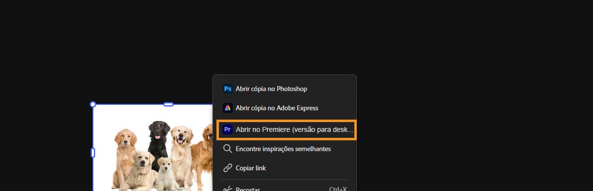 O menu de contexto do arquivo selecionado no Firefly Boards está aberto, com a opção “Abrir no Premiere para desktop” realçada.