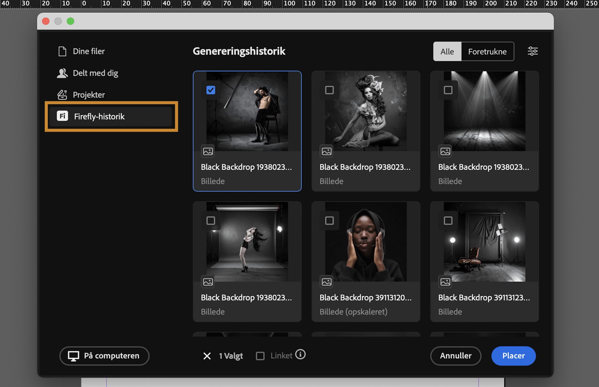 Vælg Firefly-historik for at åbne generationshistorikken 